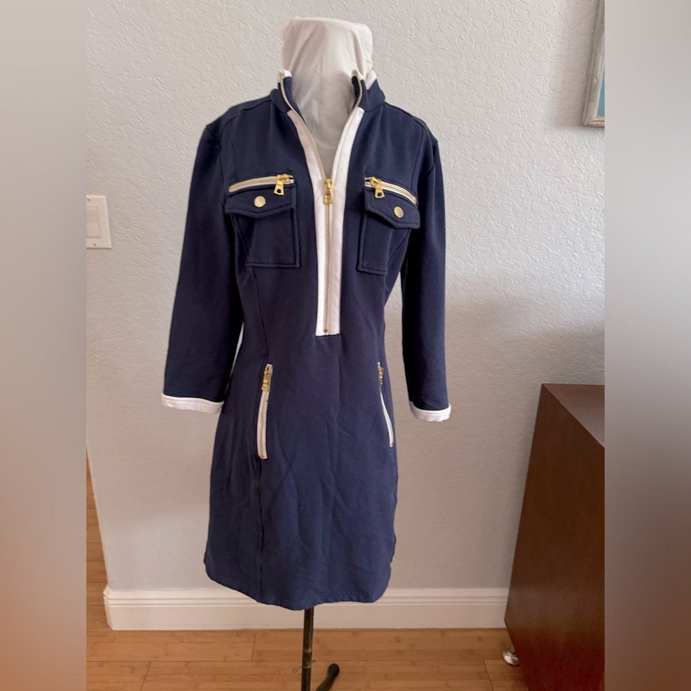 A stylish and elegant navy dress.